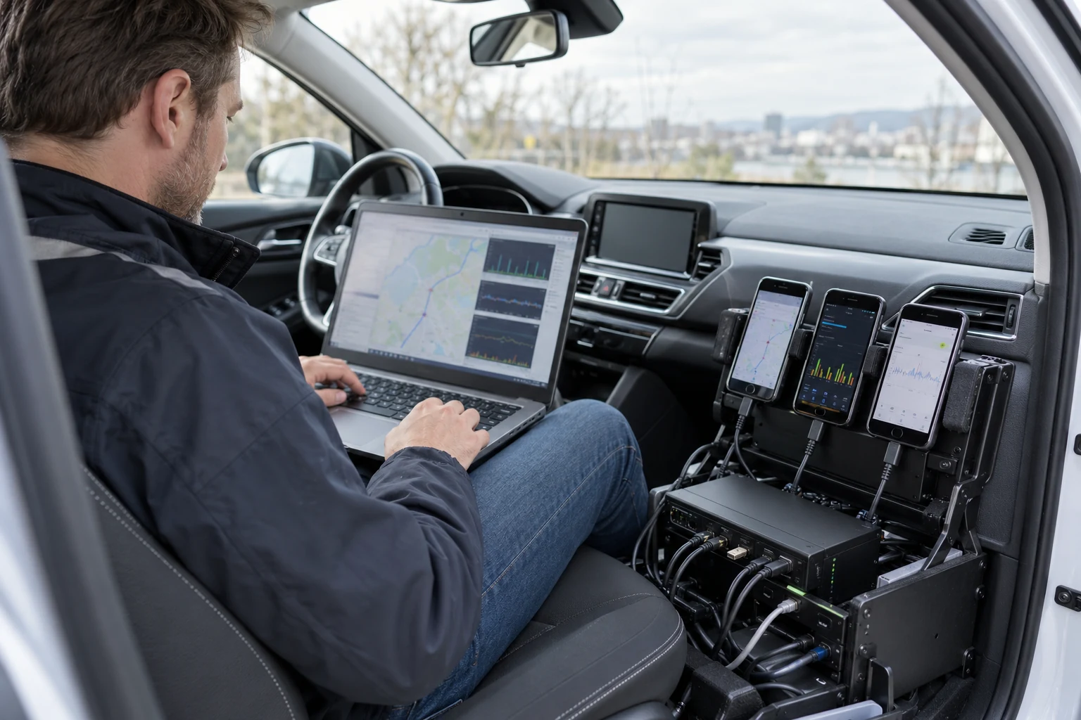 Engineer operating a laptop and mobile network test devices in a parked drive test vehicle