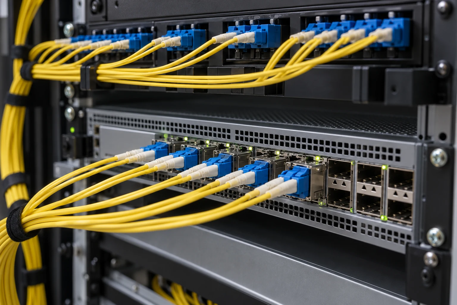 Optical fiber patch cords and LC connectors connected to SFP transceivers in a network switch