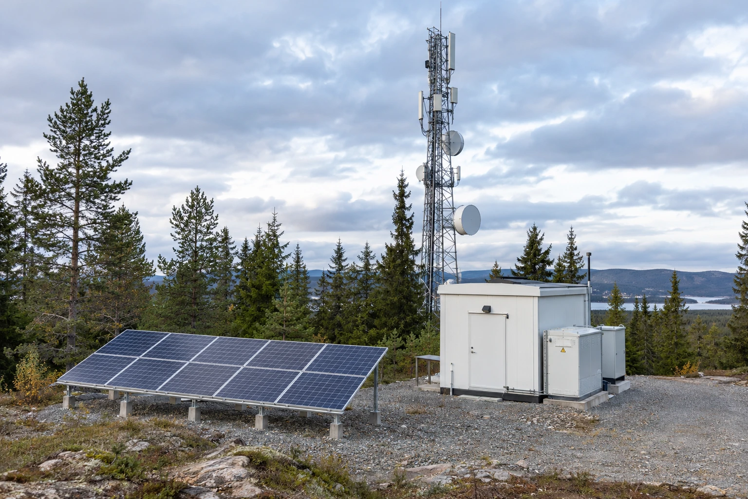 Telecom site with solar panels and backup power cabinets