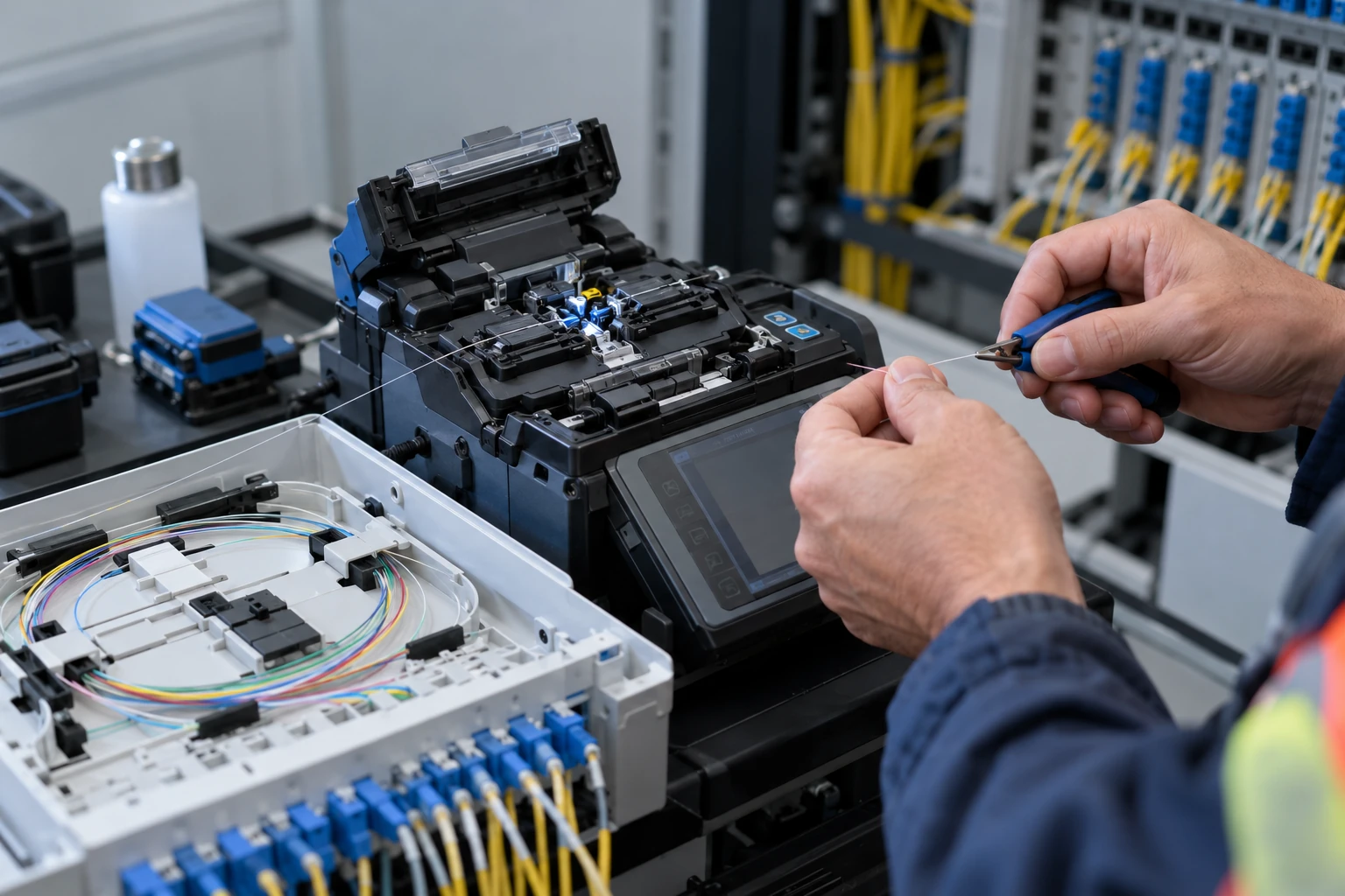 Photograph of fiber optic fusion splicing and termination